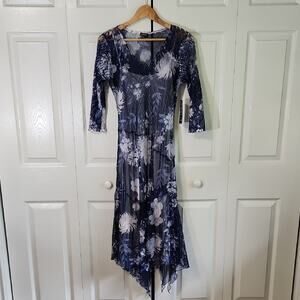 Komarov Blue and White Asymmetrical Cocktail Dress Size Med Sheer Floral Overlay